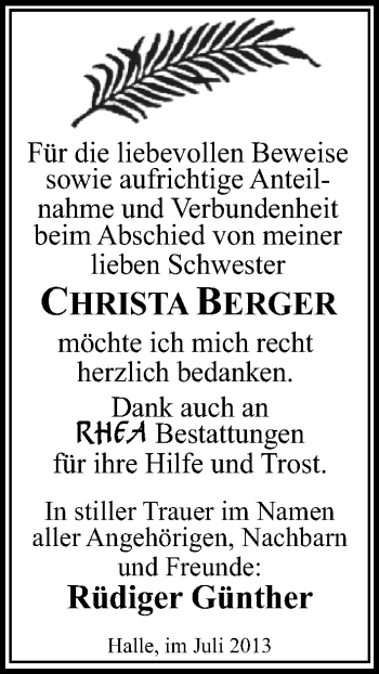 Traueranzeige von Christa Berger von Mitteldeutsche Zeitung Halle/Saalkreis