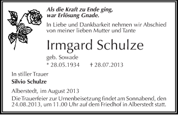 Traueranzeige von Irmgard Schulze von Mitteldeutsche Zeitung Merseburg/Querfurt