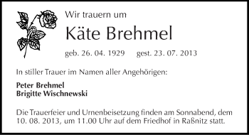 Traueranzeige von Käte Brehmel von Mitteldeutsche Zeitung Merseburg/Querfurt