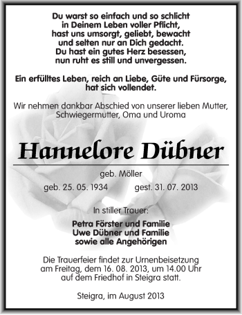 Traueranzeige von Hannelore Dübner von Mitteldeutsche Zeitung Merseburg/Querfurt