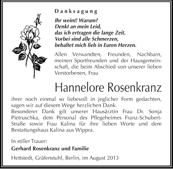 Traueranzeige von Hannelore Rosenkranz von Mitteldeutsche Zeitung Mansfelder Land