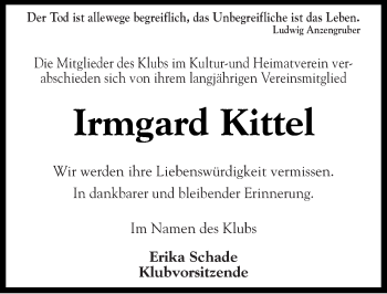 Traueranzeige von Irmgard Kittel von Mitteldeutsche Zeitung Quedlinburg