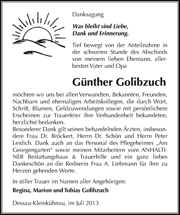 Traueranzeige von Günther Golibzuch von Mitteldeutsche Zeitung Dessau-Roßlau