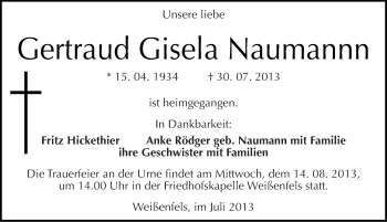 Traueranzeige von Gertraud Gisela Naumannn von Mitteldeutsche Zeitung Weißenfels