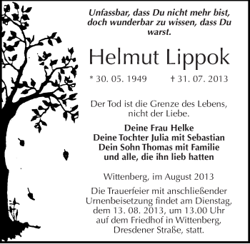 Traueranzeige von Helmut Lippok von Mitteldeutsche Zeitung Wittenberg
