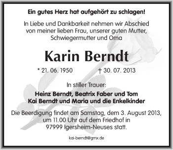 Traueranzeige von Karin Berndt von Mitteldeutsche Zeitung Weißenfels