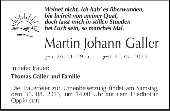 Traueranzeige von Martin Johann Galler von Mitteldeutsche Zeitung Halle/Saalkreis