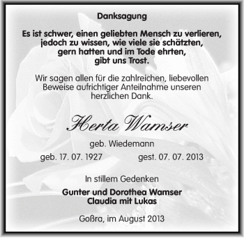 Traueranzeige von Herta Wamser von Mitteldeutsche Zeitung Zeitz