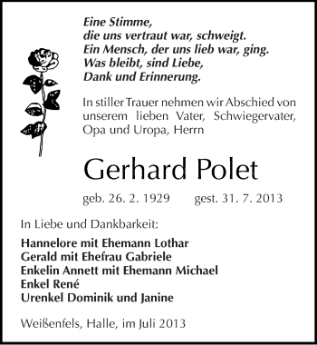 Traueranzeige von Gerhard Polet von Mitteldeutsche Zeitung Weißenfels