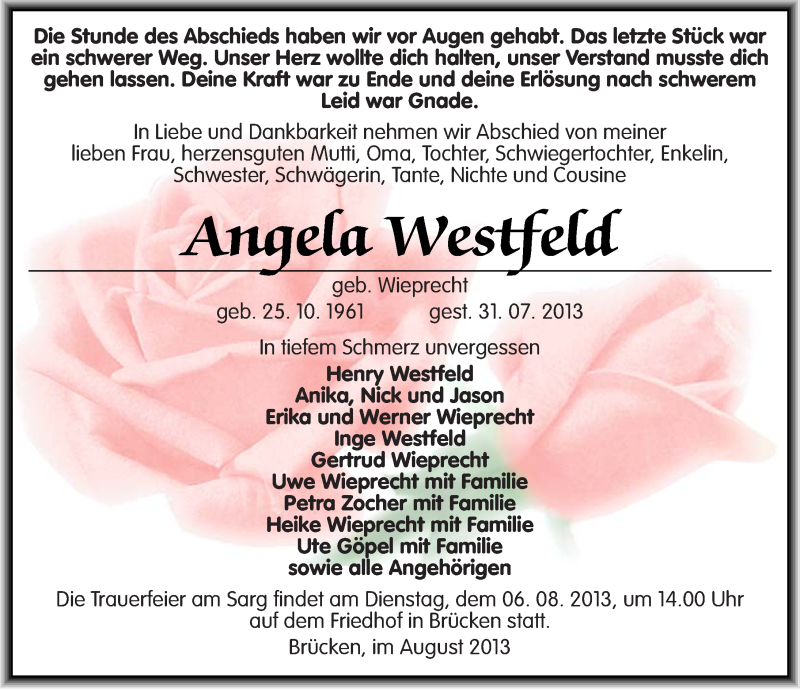  Traueranzeige für Angela Westfeld vom 03.08.2013 aus Mitteldeutsche Zeitung Sangerhausen
