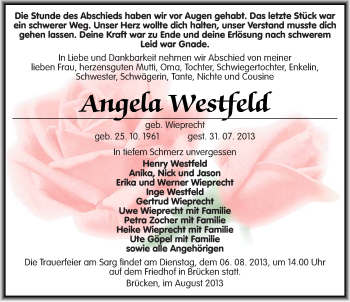 Traueranzeige von Angela Westfeld von Mitteldeutsche Zeitung Sangerhausen