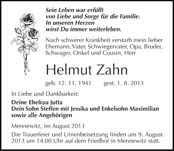 Traueranzeige von Helmut Zahn von Mitteldeutsche Zeitung Köthen