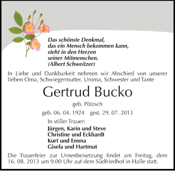 Traueranzeige von Gertrud Bucko von Mitteldeutsche Zeitung Halle/Saalkreis
