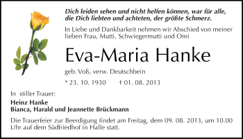 Traueranzeige von Eva-Maria Hanke von Mitteldeutsche Zeitung Halle/Saalkreis
