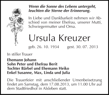 Traueranzeige von Ursula Kreuzer von Mitteldeutsche Zeitung Bernburg