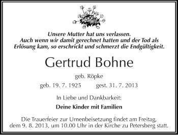 Traueranzeige von Gertrud Bohne von Mitteldeutsche Zeitung Halle/Saalkreis