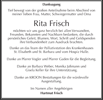 Traueranzeige von Rita Frisch von Mitteldeutsche Zeitung Halle/Saalkreis