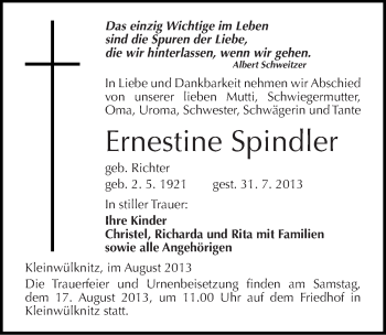 Traueranzeige von Ernestine Spindler von Mitteldeutsche Zeitung Köthen