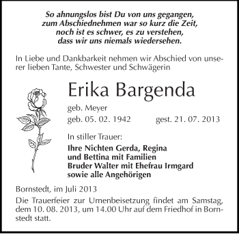 Traueranzeige von Erika Bargenda von Mitteldeutsche Zeitung Mansfelder Land