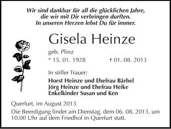 Traueranzeige von Gisela Heinze von Mitteldeutsche Zeitung Merseburg/Querfurt