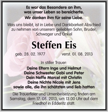 Traueranzeige von Steffen Eis von Mitteldeutsche Zeitung Köthen
