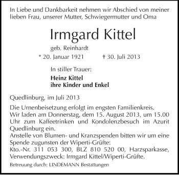Traueranzeige von Irmgard Kittel von Mitteldeutsche Zeitung Quedlinburg