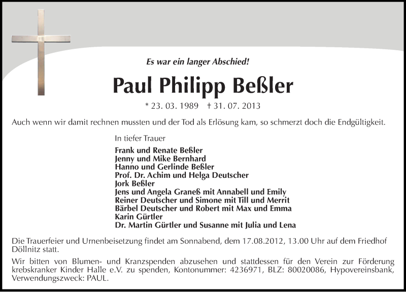  Traueranzeige für Paul Philipp Beßler vom 03.08.2013 aus Mitteldeutsche Zeitung Halle/Saalkreis