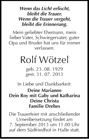 Traueranzeige von Rolf Wötzel von Mitteldeutsche Zeitung Halle/Saalkreis
