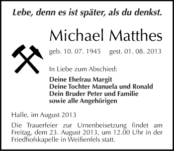Traueranzeige von Michael Matthes von Mitteldeutsche Zeitung Halle/Saalkreis