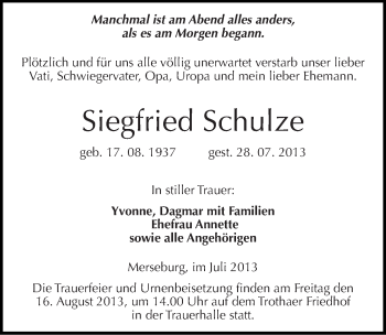 Traueranzeige von Siegfried Schulze von Mitteldeutsche Zeitung Halle/Saalkreis