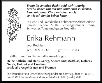 Traueranzeige von Erika Rehmann von Mitteldeutsche Zeitung Halle/Saalkreis
