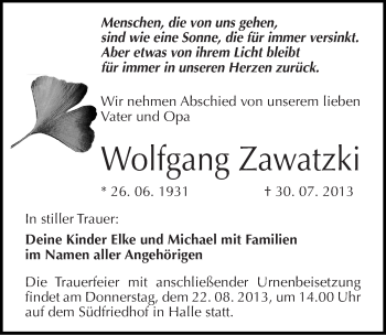 Traueranzeige von Wolfgang Zawatzki von Mitteldeutsche Zeitung Halle/Saalkreis