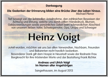 Traueranzeige von Heinz Voigt von Mitteldeutsche Zeitung Sangerhausen