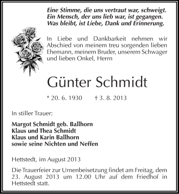 Traueranzeige von Günter Schmidt von Mitteldeutsche Zeitung Mansfelder Land
