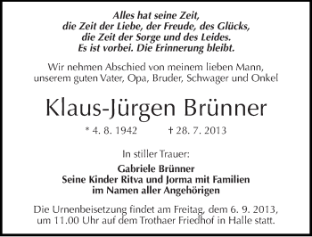 Traueranzeige von Klaus-Jürgen Brünner von Mitteldeutsche Zeitung Halle/Saalkreis