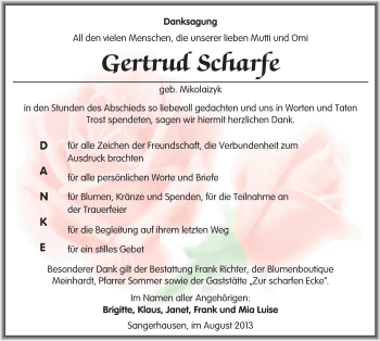 Traueranzeige von Gertrud Scharfe von Mitteldeutsche Zeitung Sangerhausen