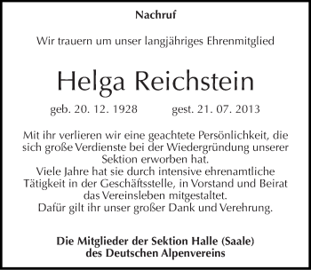 Traueranzeige von Helga Reichstein von Mitteldeutsche Zeitung Halle/Saalkreis