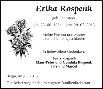 Traueranzeige von Erika Rospenk von Mitteldeutsche Zeitung Sangerhausen