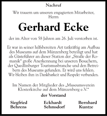 Traueranzeige von Gerhard Ecke von Mitteldeutsche Zeitung Quedlinburg
