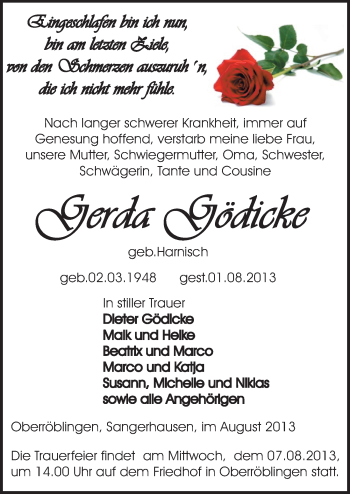 Traueranzeige von Gerda Gödicke von Mitteldeutsche Zeitung Sangerhausen