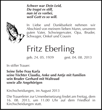 Traueranzeige von Fritz Eberling von Mitteldeutsche Zeitung Naumburg/Nebra