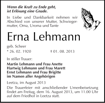 Traueranzeige von Erna Lehmann von Mitteldeutsche Zeitung Wittenberg