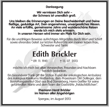 Traueranzeige von Edith Brickler von Mitteldeutsche Zeitung Merseburg/Querfurt