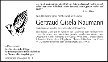 Traueranzeige von Gertraud Gisela Naumann von Mitteldeutsche Zeitung Weißenfels