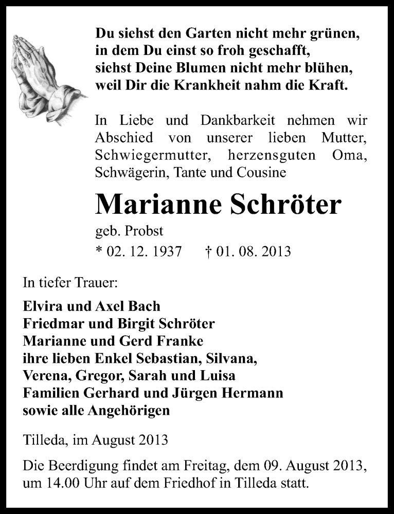  Traueranzeige für Marianne Schröter vom 07.08.2013 aus Mitteldeutsche Zeitung Sangerhausen
