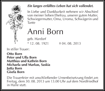Traueranzeige von Anni Born von Mitteldeutsche Zeitung Halle/Saalkreis