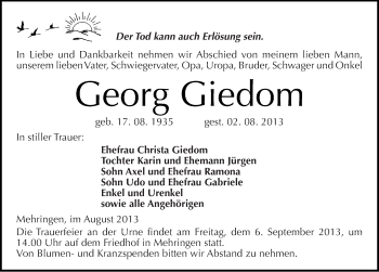 Traueranzeige von Georg Giedom von Mitteldeutsche Zeitung Aschersleben