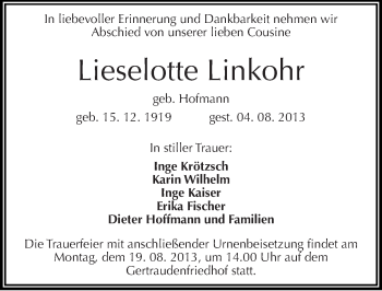 Traueranzeige von Lieselotte Linkohr von Mitteldeutsche Zeitung Halle/Saalkreis