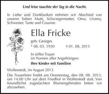 Traueranzeige von Ella Fricke von Mitteldeutsche Zeitung Sangerhausen