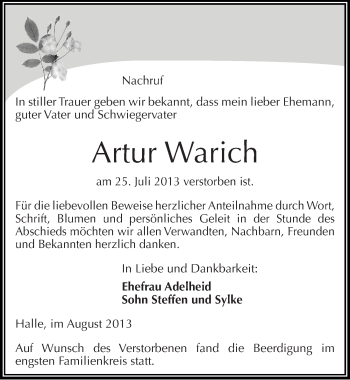 Traueranzeige von Artur Warich von Mitteldeutsche Zeitung Halle/Saalkreis